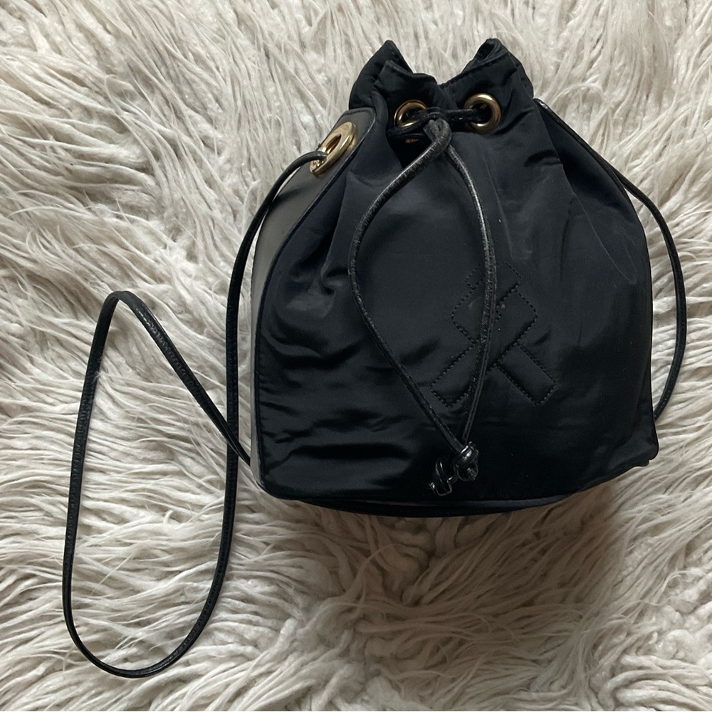 Lancel Italy Vintage Black Bucket Leather Trimmed Nylon Drawstring Crossbody Bag